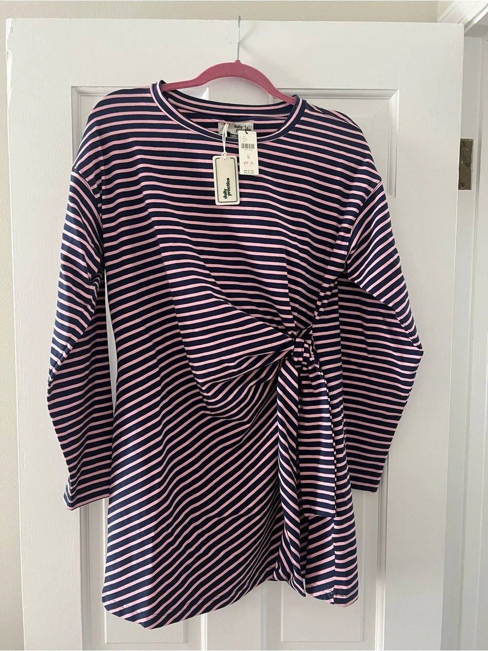 Striped Navy & Light Pink Tie-Waist Knit Dress - Picture 4 of 5